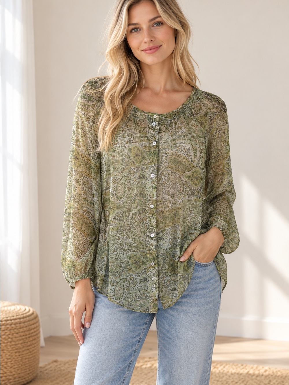 Sundance Olive Paisley Button-Front Semi Sheer Blouse Boho Minimalist Aesthetic
